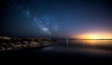 Картинка природа восходы закаты ночь побережье звезды заря горизонт камни небо