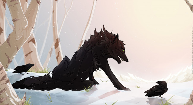 Обои картинки фото рисованные, животные, волки, снег, волк, вороны, лес