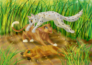 обоя рисованное, животные, львы, семья, трава, игра, кошка