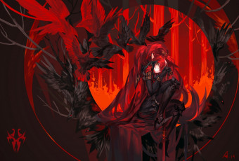 Картинка аниме pixiv+fantasia alcd арт девушка красный птицы вороны
