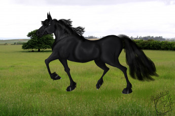Картинка рисованное животные +лошади лошадь лес поле трава небо