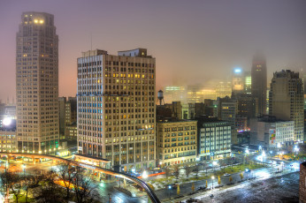 Картинка detroit+morning города детройт+ сша утро дымка здания огни