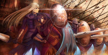 Картинка аниме pixiv+fantasia sdg19881022 шатенка девушка стрелы щиты корабль оружие меч блондин арт парень