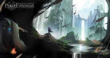 Картинка аниме pixiv+fantasia девушка арт замок трава камни огонь робот swd3e2 pffk paradise fantasia pixiv водопад природа