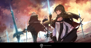 Картинка аниме pixiv+fantasia swd3e2 арт девушка парень спина оружие меч закат небо