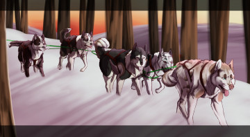 Картинка рисованное животные +собаки собаки снегн упряжка