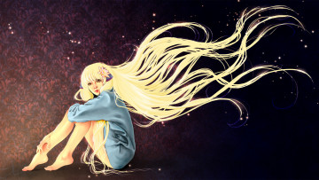 Картинка аниме chobits takesanhoukine chii девушка длинные волосы сидит лицо взгляд глаза рубашка