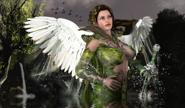 Картинка 3д+графика ангел+ angel девушка взгляд фон меч природа
