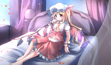 Картинка аниме touhou лепестки окна тюль занавески кровать блондинка девушка flandre scarlet risutaru арт