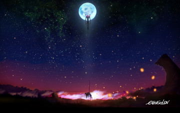 Картинка аниме evangelion звёзды луна космос genesis neon пейзаж
