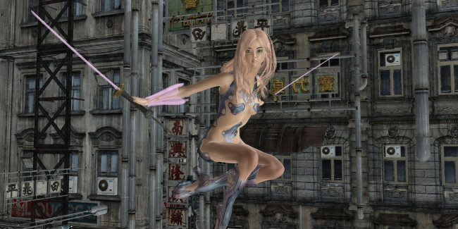 Обои картинки фото 3д графика, фантазия , fantasy, девушка, взгляд, оружие, дома, полет, блондинка