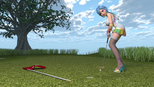 Обои картинки фото 3д графика, люди , people, мяч, игра, девушка, дерево, трава, гольф
