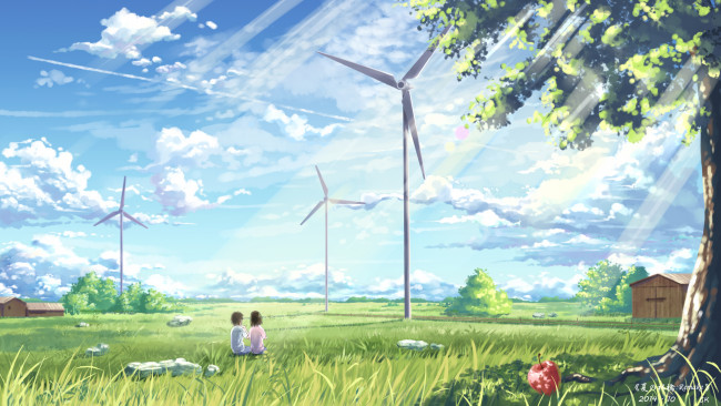 Обои картинки фото аниме, *unknown , другое, арт, лето, небо, облака, пейзаж, ветровики, лучи, деревья, дома, яблоко, девушка, луг, парень, пара, трава