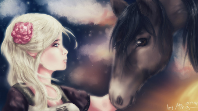 Обои картинки фото рисованное, люди, лошадь, животное, блондинка, девушка