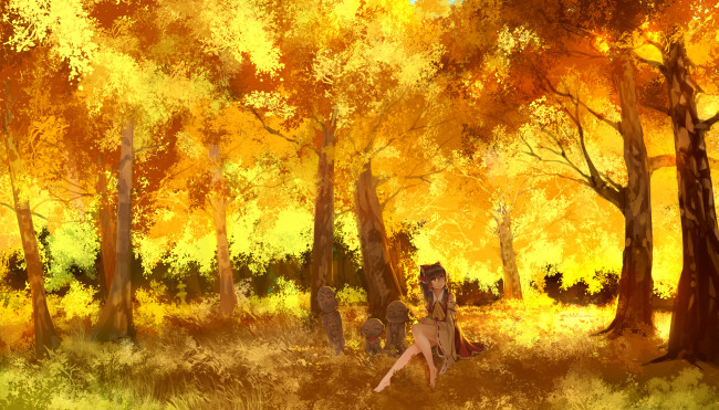 Обои картинки фото аниме, touhou, деревья, золотой, лес, тоухоу, девушка, осень, madcocoon, reimu, hakurei, статуи