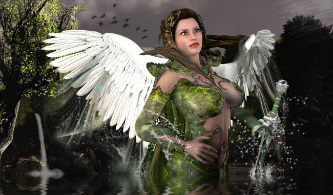 Обои картинки фото 3д графика, ангел , angel, девушка, взгляд, фон, меч, природа