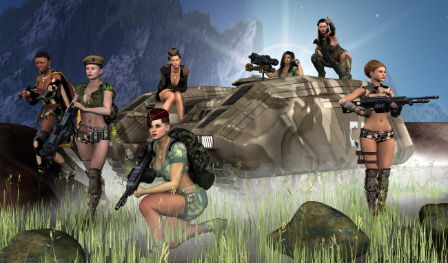 Обои картинки фото 3д графика, армия , military, девушки, взгляд, оружие, горы, трава, камни