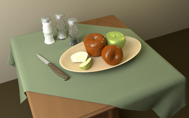 Обои картинки фото 3д графика, другое , other, стол, скатерть, тарелка, нож, яблока, фон, приправы