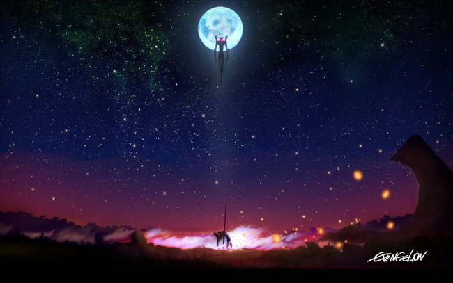Обои картинки фото аниме, evangelion, звёзды, луна, космос, genesis, neon, пейзаж