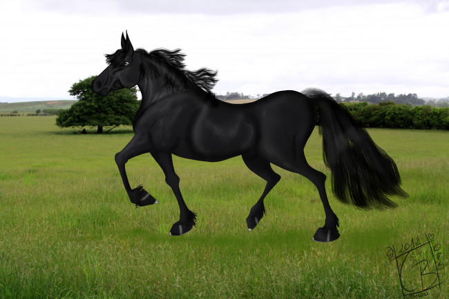 Обои картинки фото рисованное, животные,  лошади, лошадь, лес, поле, трава, небо
