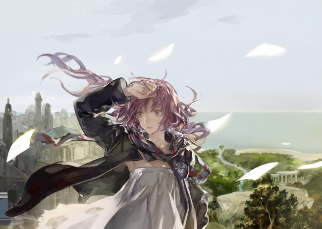 Обои картинки фото аниме, pixiv fantasia, небо, листы, ветер, волосы, девушка, ibaraki, арт