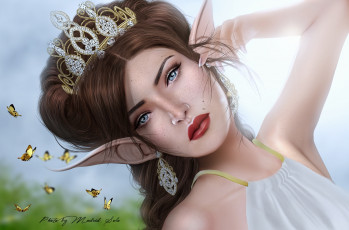 Картинка 3д+графика эльфы+ elves серьги бабочки диадема девушка эльф портрет уши фэнтези