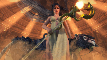 Картинка 3д+графика фантазия+ fantasy девушка тотем змея фон взгляд