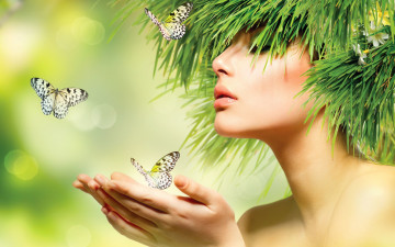 Картинка девушки -unsort+ креатив голова цветы девушка плечи лето бабочки трава боке