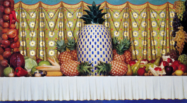 Обои картинки фото ananas - andrew belts, рисованное, живопись, овощи, фрукты, шторка, сто