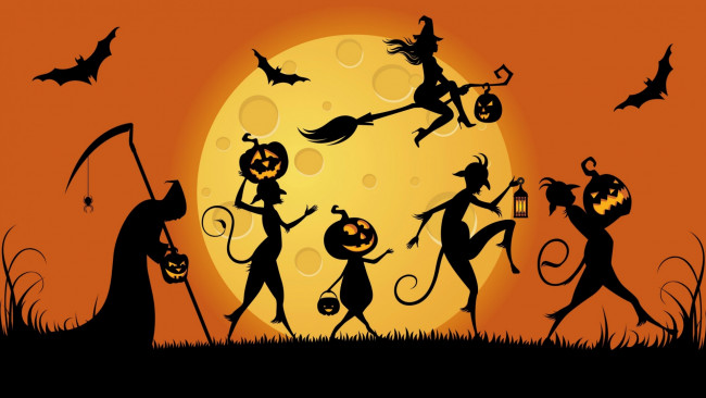 Обои картинки фото праздничные, хэллоуин, тыквы, летучие, мыши, ведьма, луна