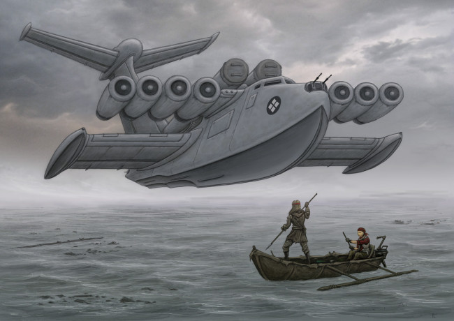 Обои картинки фото рисованное, авиация, полет, самолет, люди, лодка, амфибия, озеро