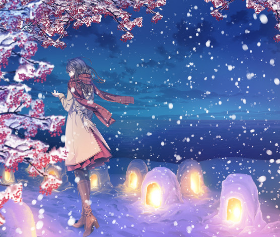 Обои картинки фото аниме, зима,  новый год,  рождество, девушка, шарф, фонарики, облака, небо, снег, арт, природа, yuca