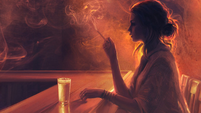 Обои картинки фото рисованное, люди, девушка, бар, сигарета, стакан, дым