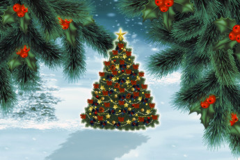 Картинка праздничные векторная+графика+ новый+год ягоды украшения ветки снег елка