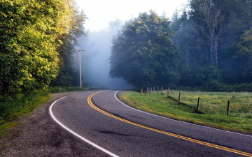 обоя природа, дороги, туман, поворот, шоссе