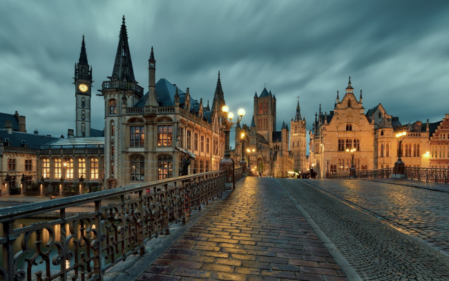 Обои картинки фото города, гент , бельгия, огни, вечер, мост