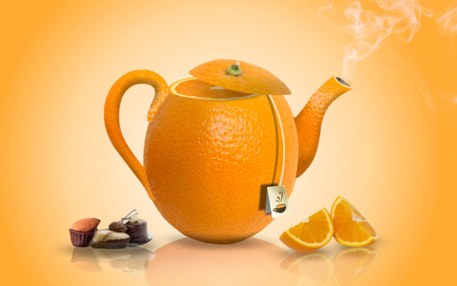 Обои картинки фото юмор и приколы, апельсиновый, конфеты, чай