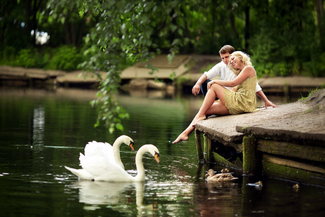 Обои картинки фото разное, мужчина женщина, лебеди, озеро, влюбленные