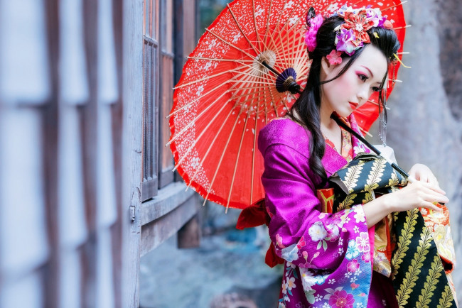 Обои картинки фото девушки, - азиатки, кимоно, зонтик