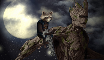Картинка рисованное кино +мультфильмы дерево енот луна фон