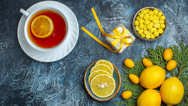 Обои картинки фото еда, цитрусы, чай, лимоны
