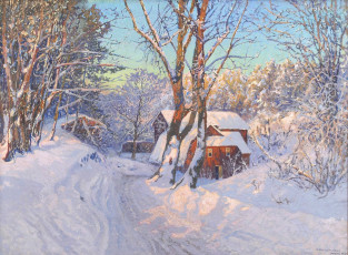 обоя anshelm, leonard, schultzberg, рисованные, домик, снег, зима, рассвет, пейзаж