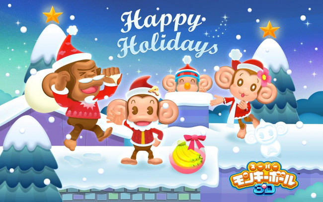 Обои картинки фото праздничные, векторная, графика, новый, год, обезьяны, снежки, снег, крыша, елки