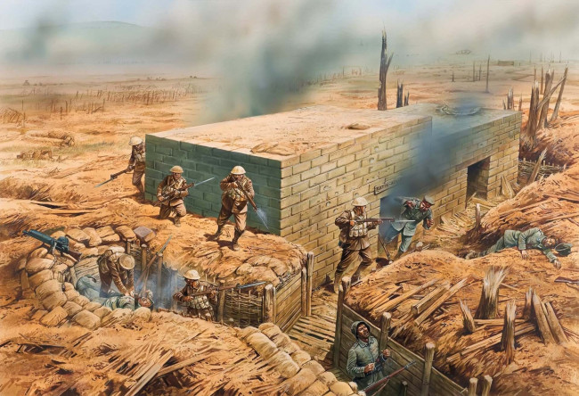 Обои картинки фото рисованные, армия, немецкой, захват, пехоты, британской, первая, мировая, война, наступление, сражение, позиции