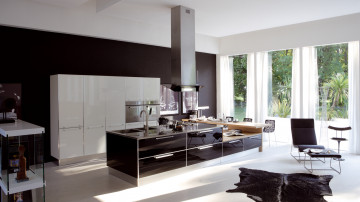 Картинка интерьер кухня мебель техника бытовая design kitchen стиль модерн картины кресло шторы окна