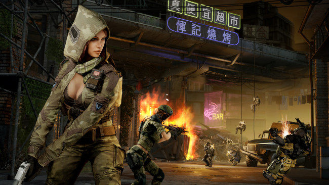 Обои картинки фото warface, видео игры, девушка, солдаты, бой