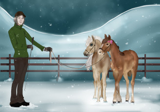 Картинка рисованное животные +лошади забор снег лошадки взгляд мужчина
