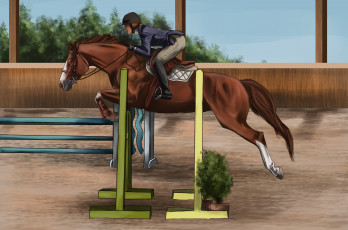 Картинка рисованное животные +лошади лошадь соревнования всадник