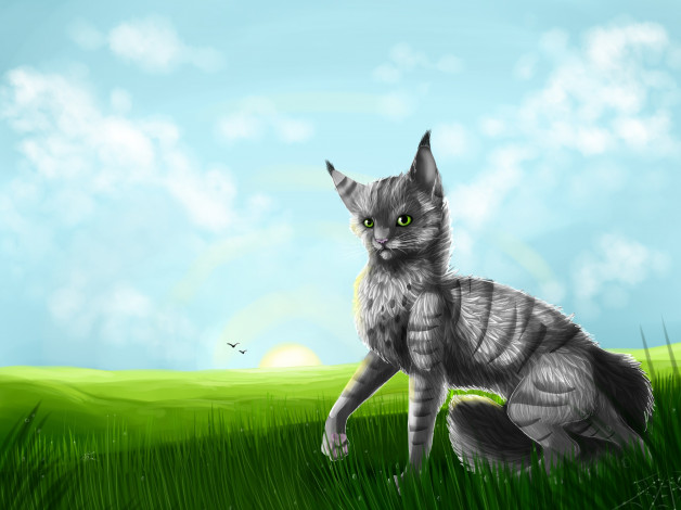 Обои картинки фото рисованное, животные,  коты, трава, кот