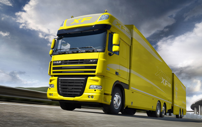 Обои картинки фото автомобили, daf, иксэф, даф, yellow, truck, 105, xf, жёлтый, грузовик, прицеп